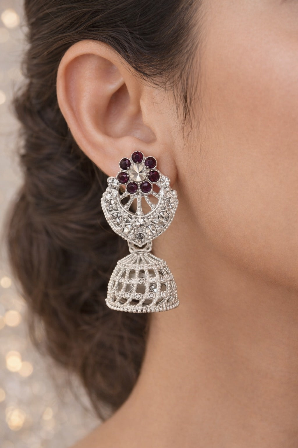 Purple Stone Floral Silver Jhumka Statement Earrings