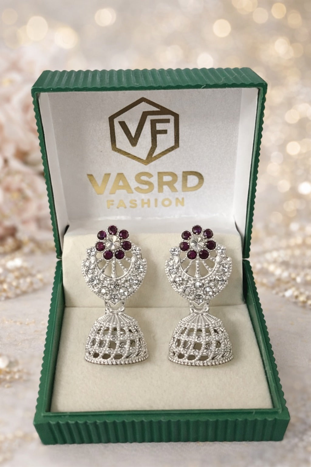 Purple Stone Floral Silver Jhumka Statement Earrings