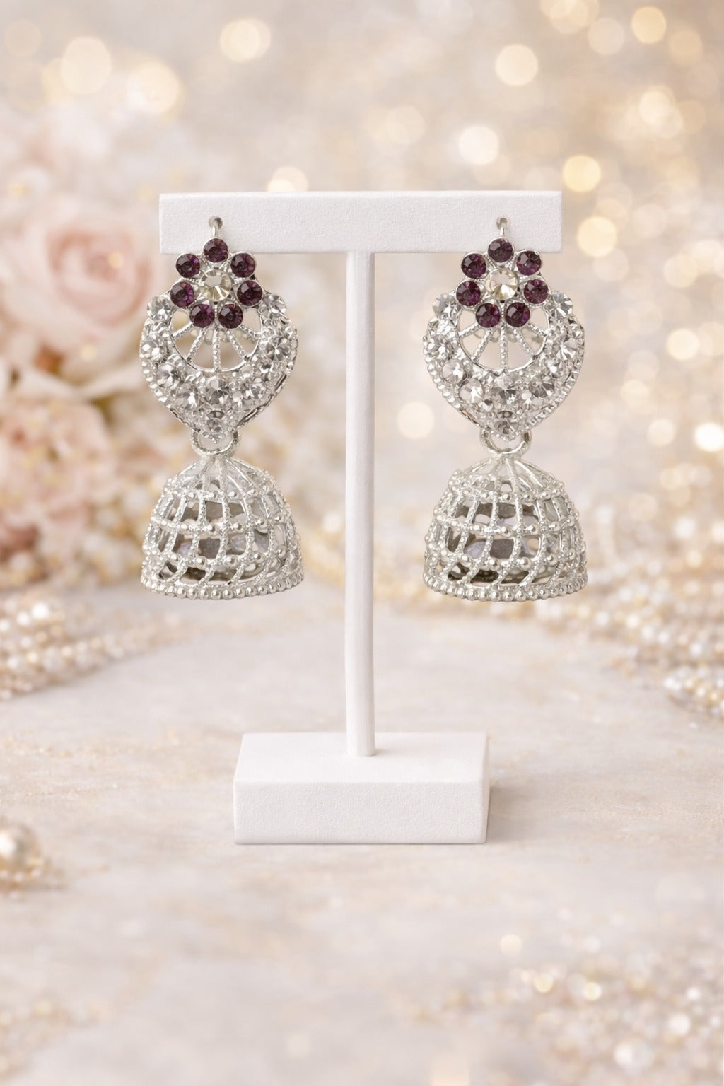 Purple Stone Floral Silver Jhumka Statement Earrings