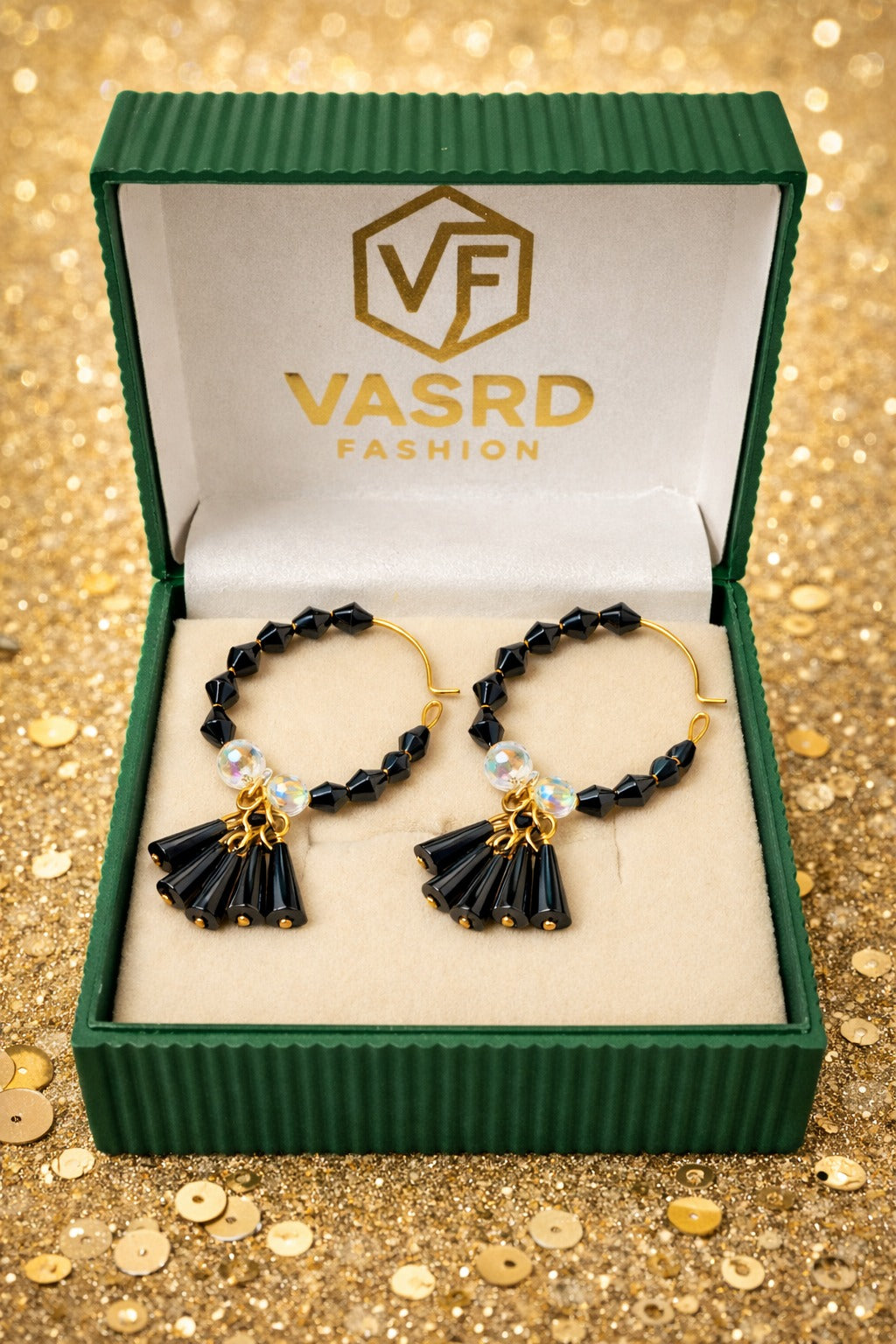 Midnight Charm Black Beaded Hoop Tassel Earrings