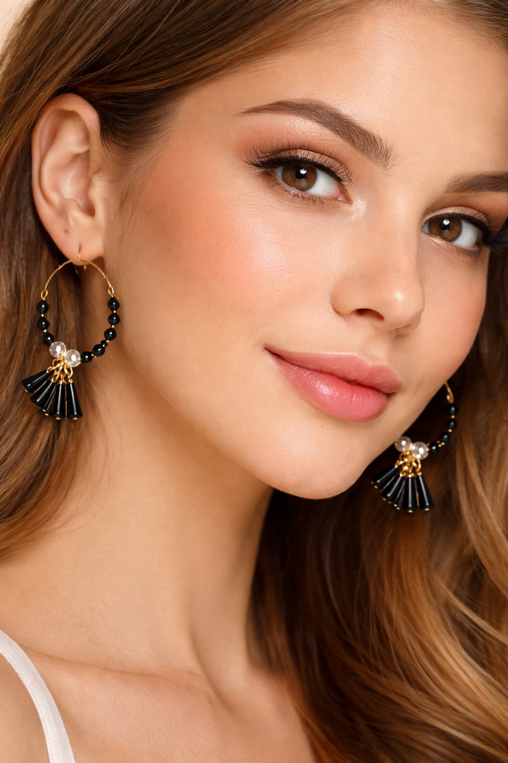 Midnight Charm Black Beaded Hoop Tassel Earrings
