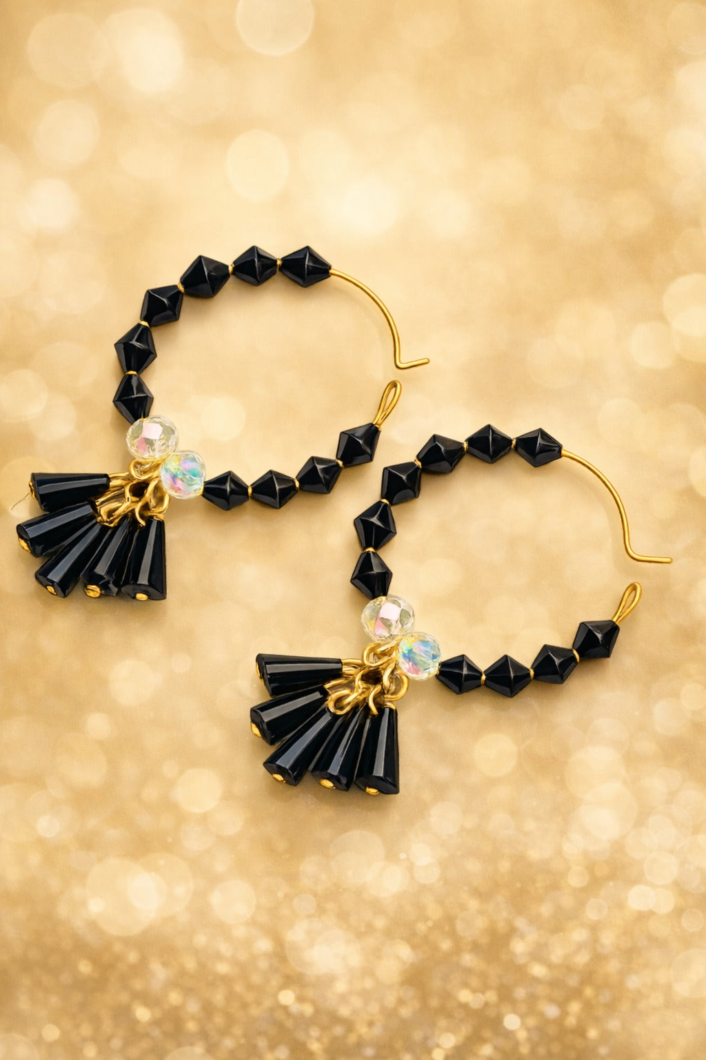 Midnight Charm Black Beaded Hoop Tassel Earrings