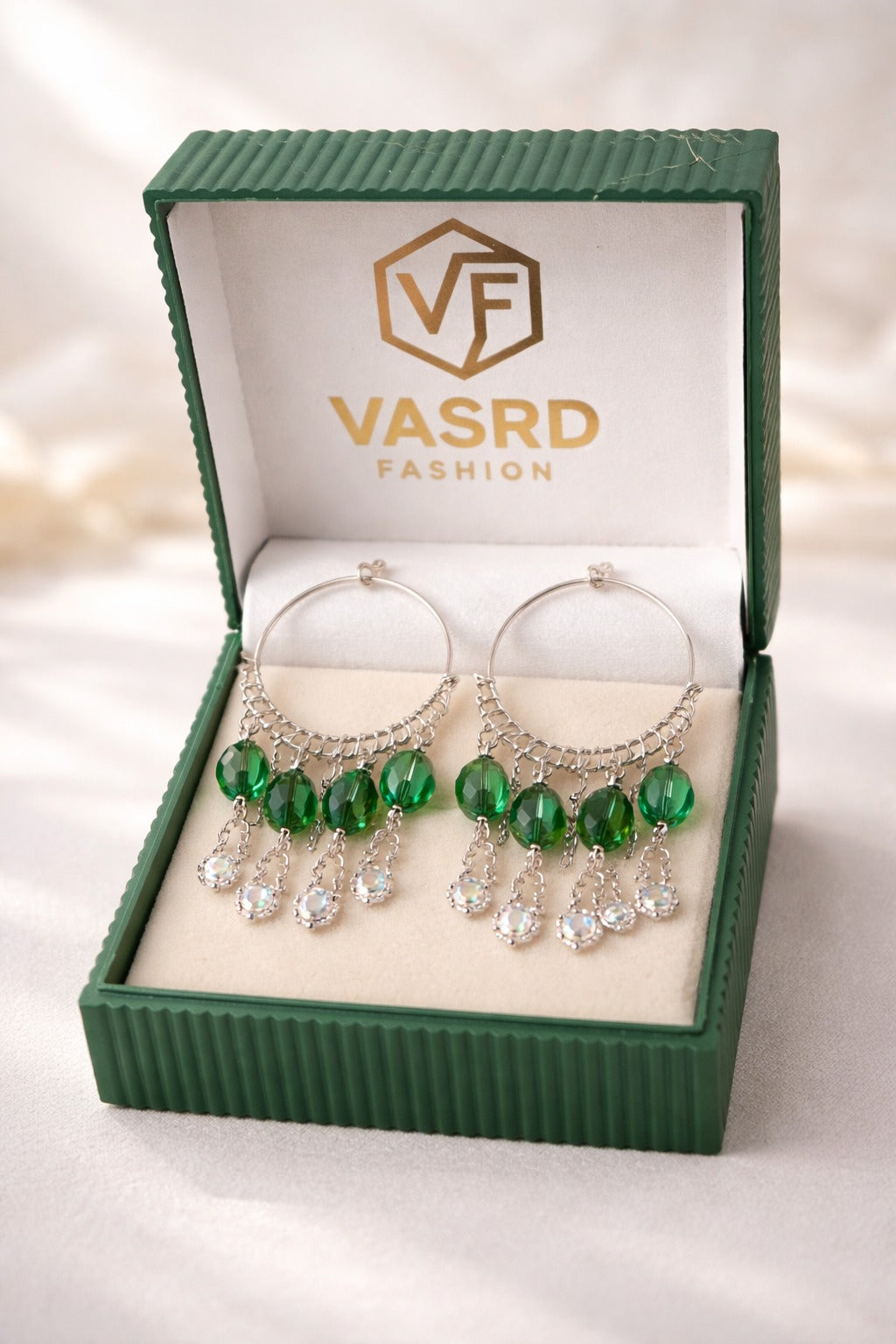 Emerald Drop Charm Silver Hoop Earrings