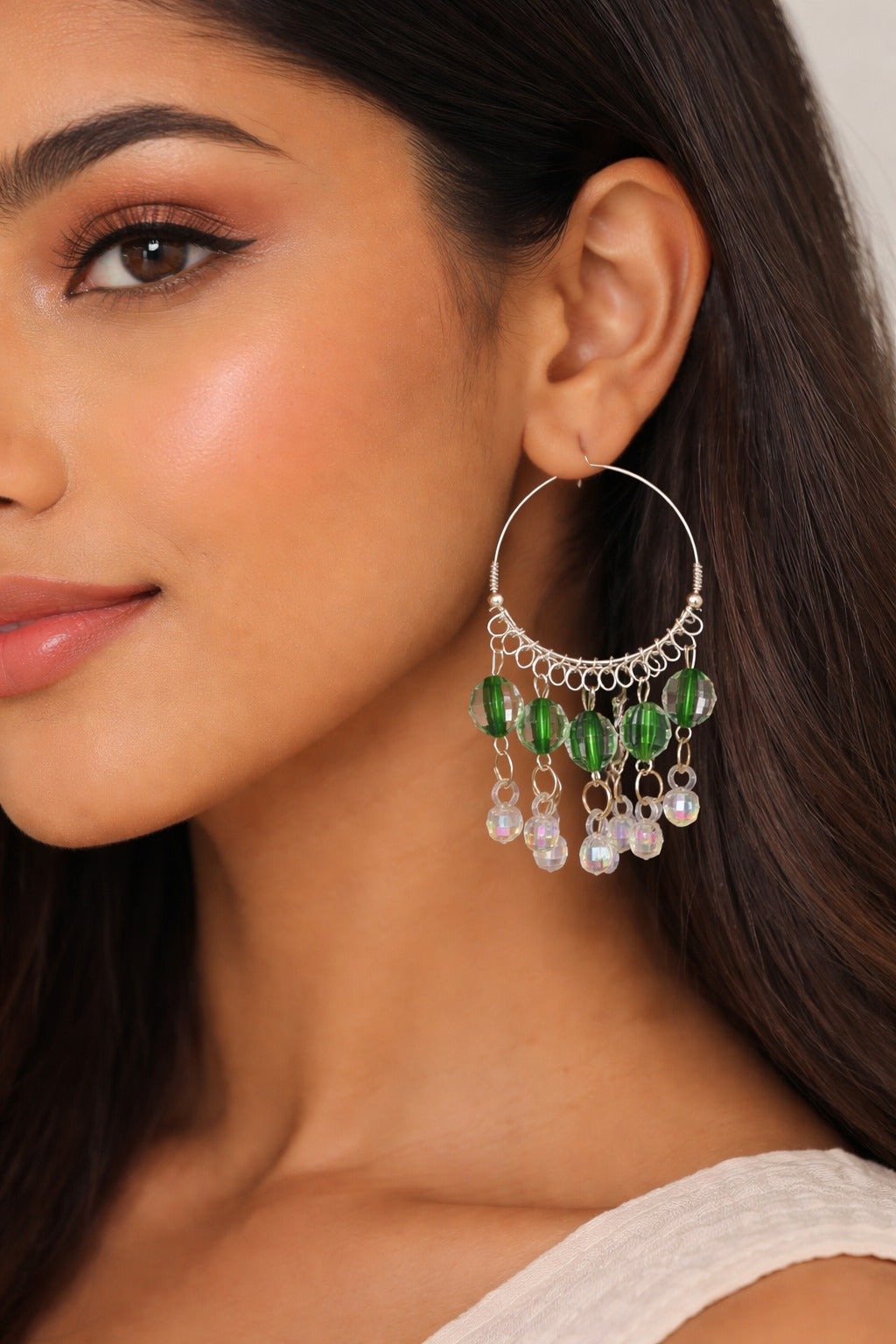 Emerald Drop Charm Silver Hoop Earrings