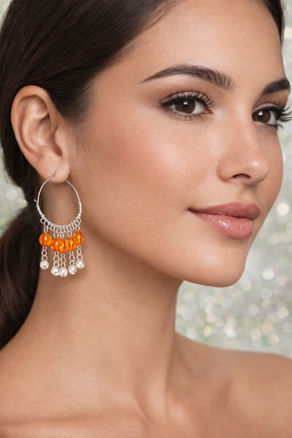 Elegant Amber Bead Silver Hoop Dangler Earrings