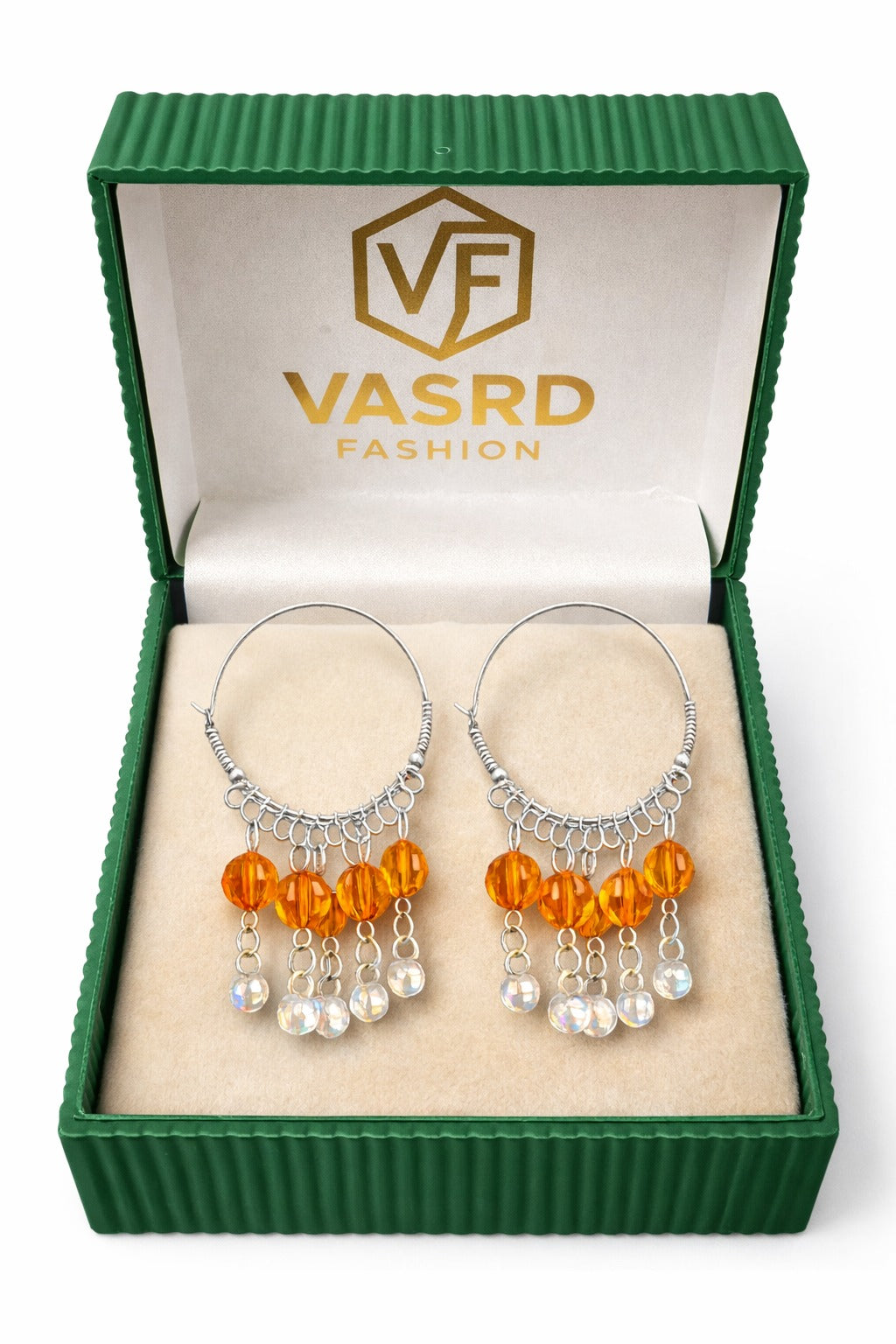 Elegant Amber Bead Silver Hoop Dangler Earrings