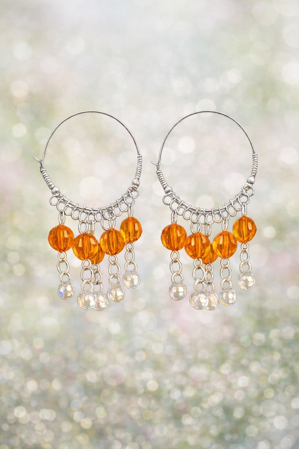 Elegant Amber Bead Silver Hoop Dangler Earrings