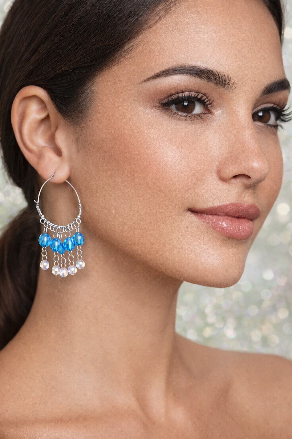 Sky Blue Crystal Bead Silver Hoop Dangler Earrings