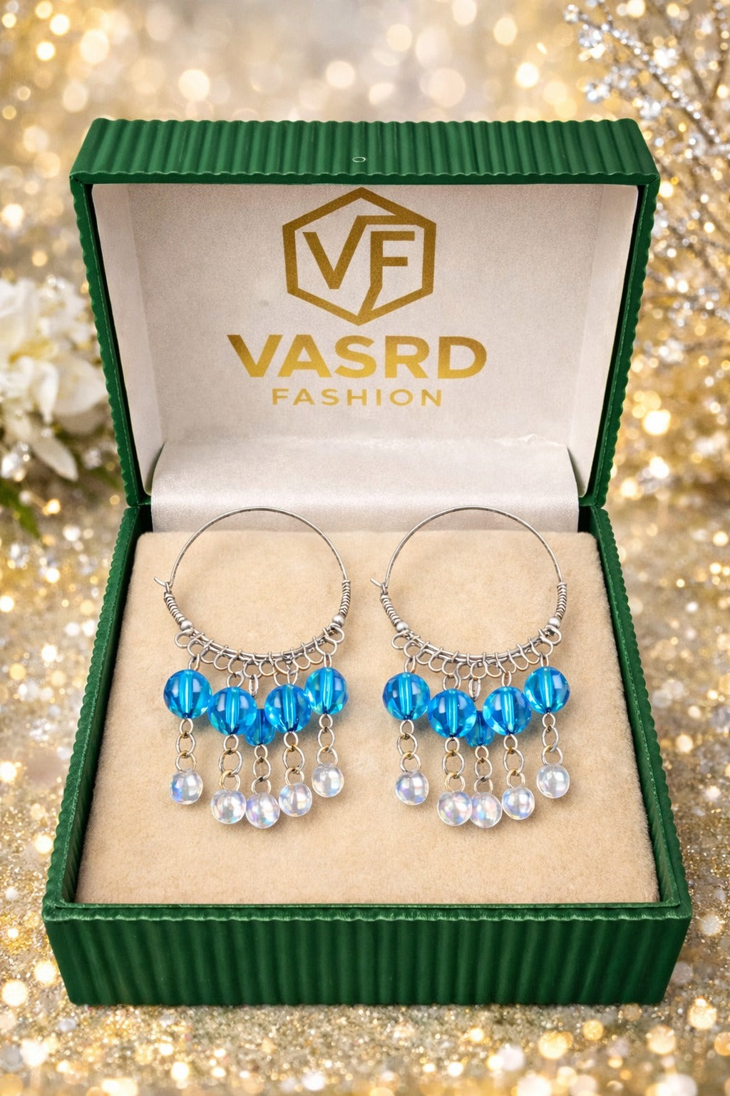 Sky Blue Crystal Bead Silver Hoop Dangler Earrings