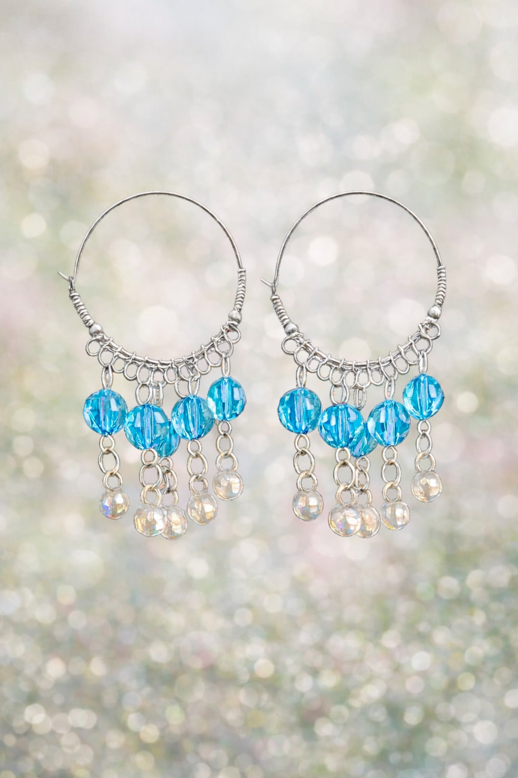 Sky Blue Crystal Bead Silver Hoop Dangler Earrings