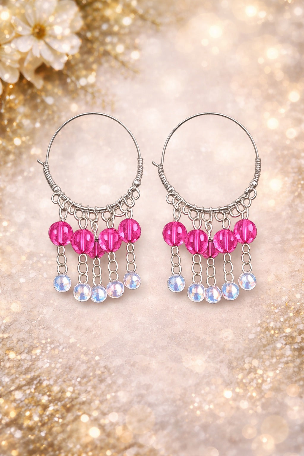 Pink Crystal Bead Silver Hoop Dangler Earrings