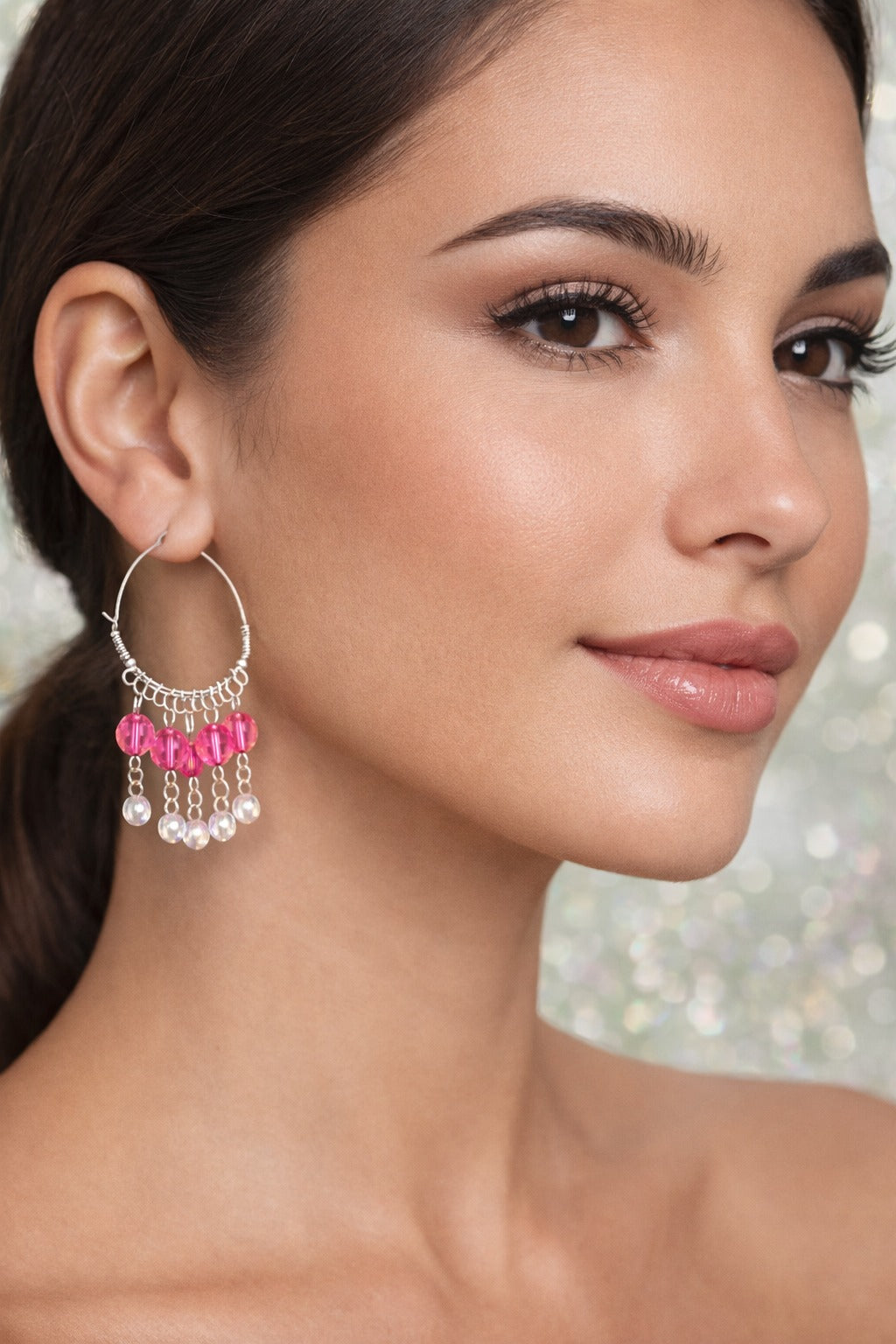 Pink Crystal Bead Silver Hoop Dangler Earrings