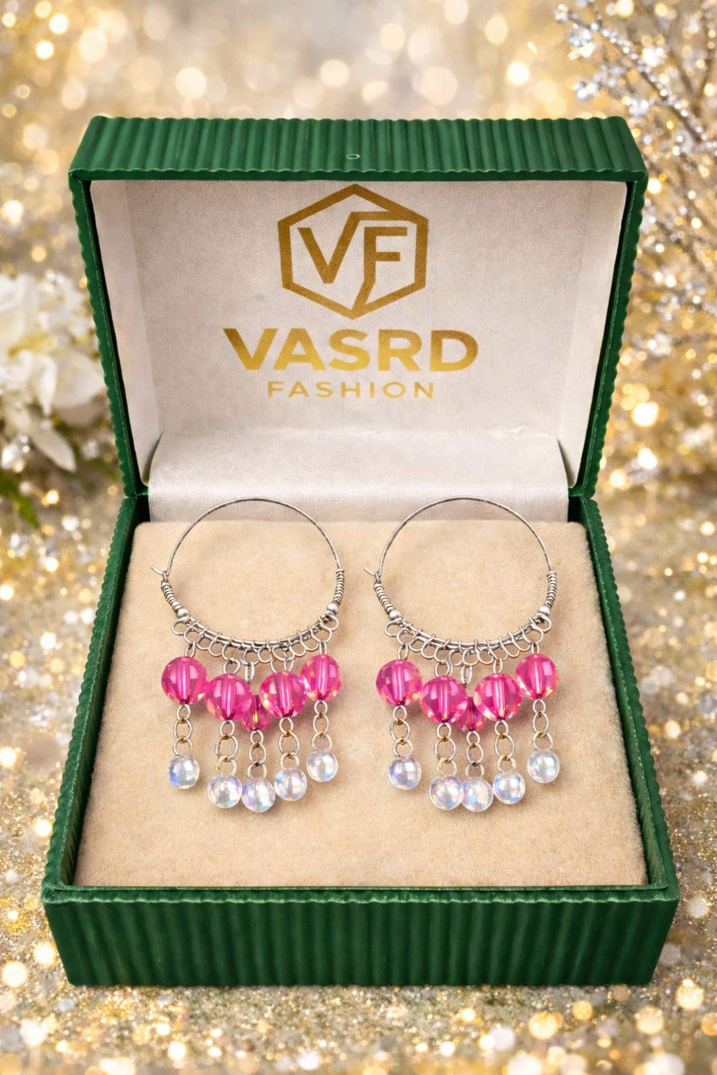 Pink Crystal Bead Silver Hoop Dangler Earrings