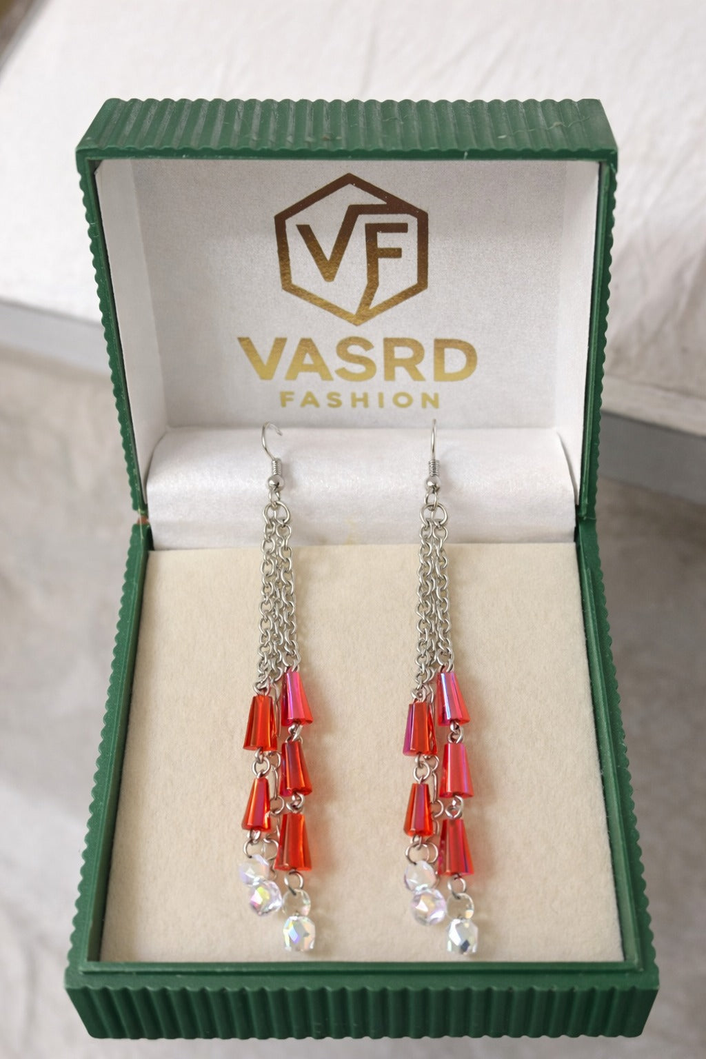 Red Crystal Tassel Chain Dangler Earrings