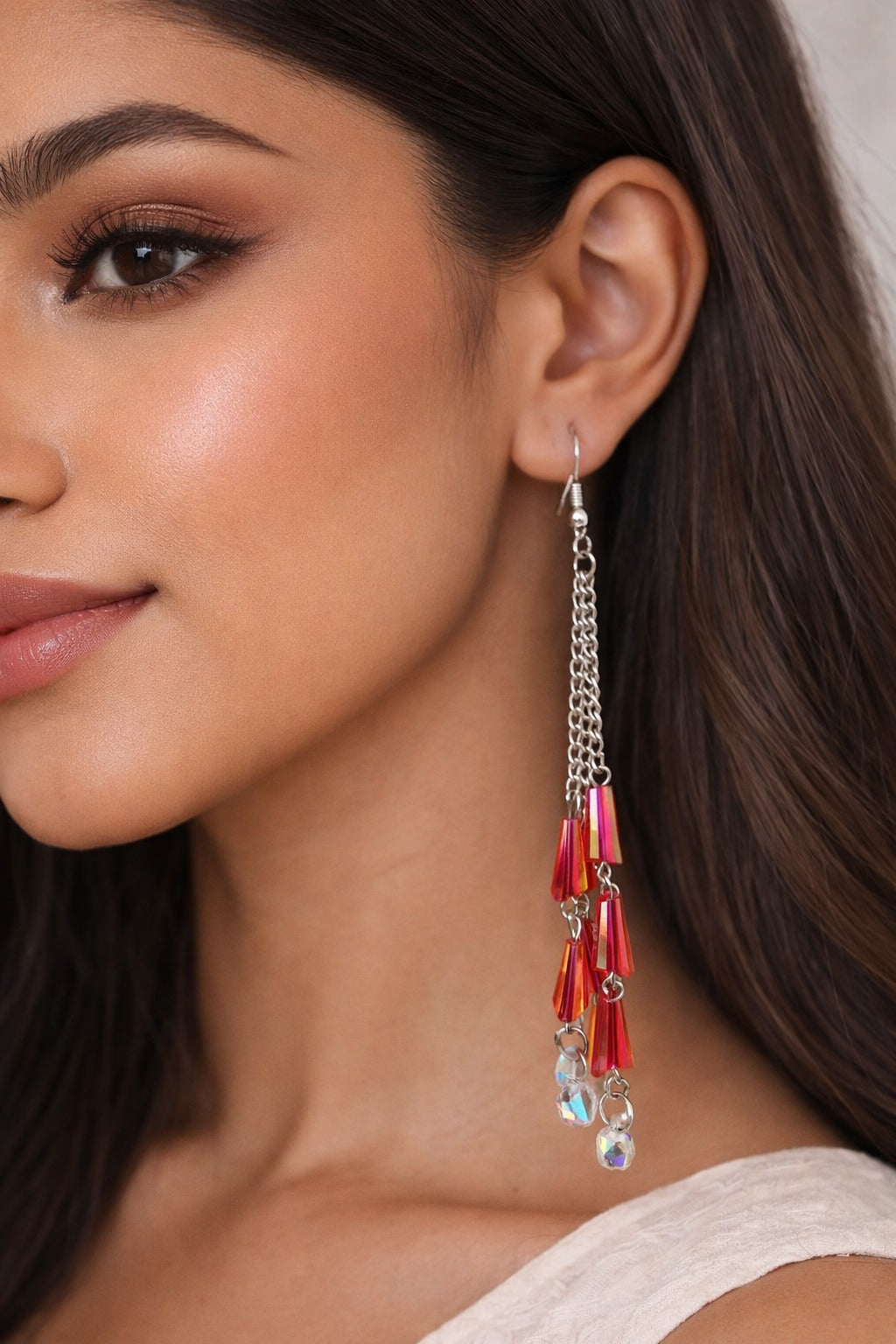 Red Crystal Tassel Chain Dangler Earrings