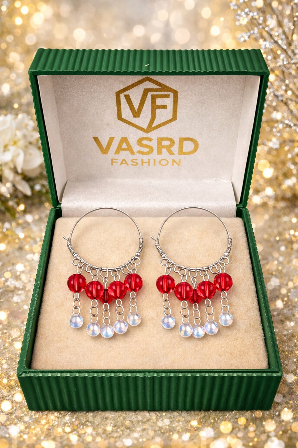 Red Crystal Bead Hoop Dangler Statement Earrings