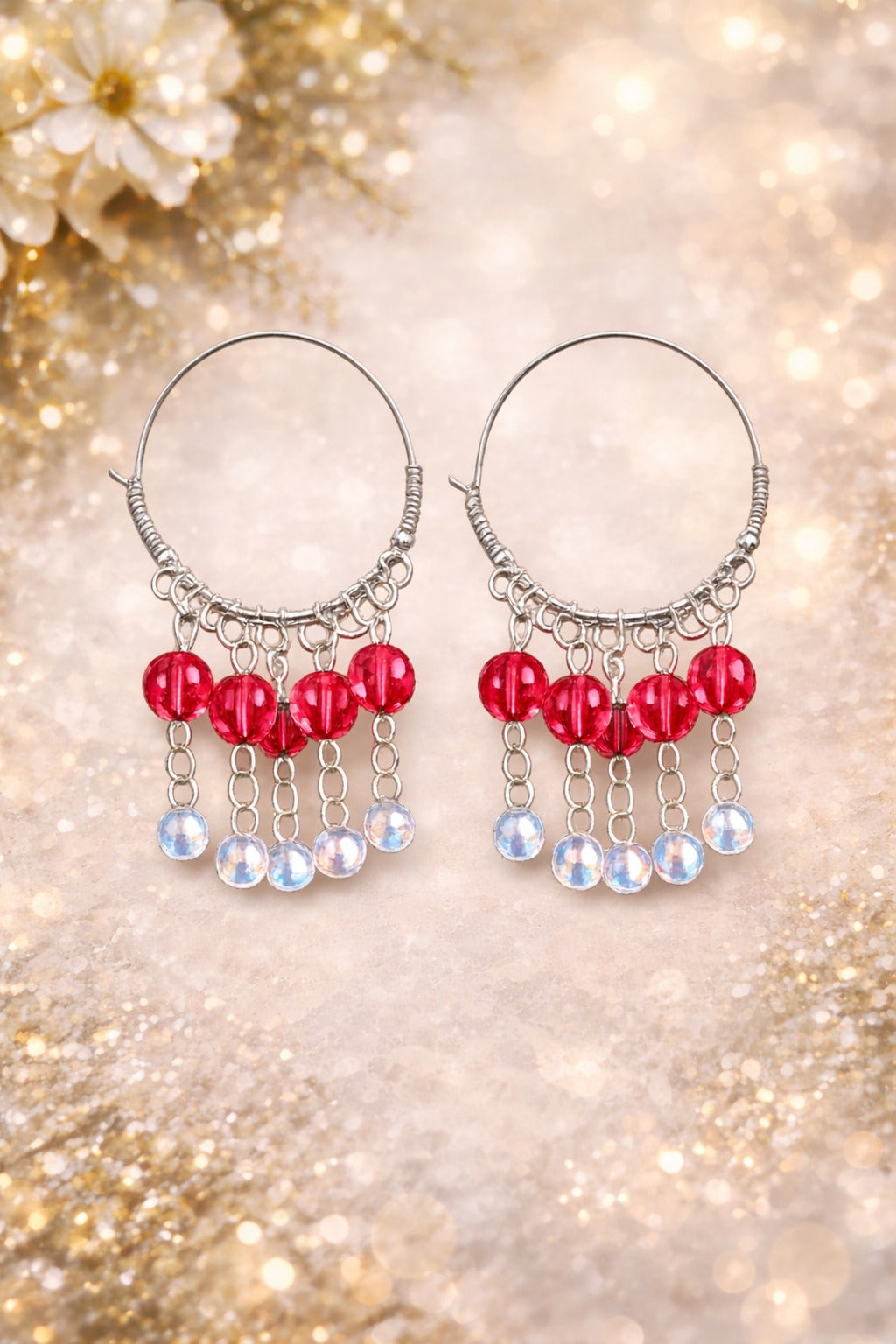 Red Crystal Bead Hoop Dangler Statement Earrings