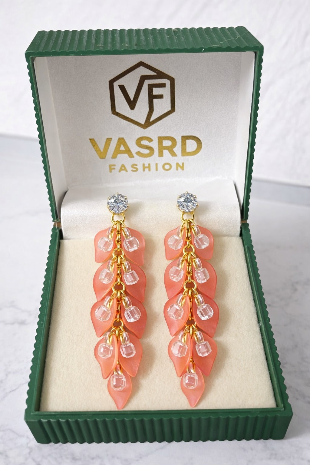 Peach Leaf Crystal Drop Statement Earrings