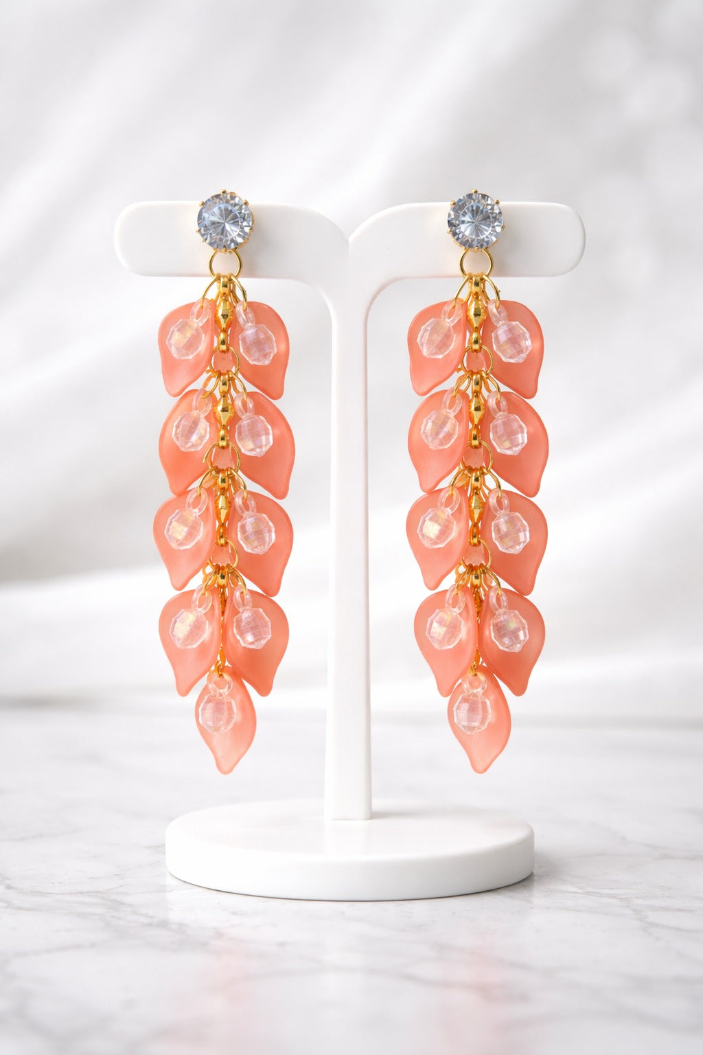 Peach Leaf Crystal Drop Statement Earrings