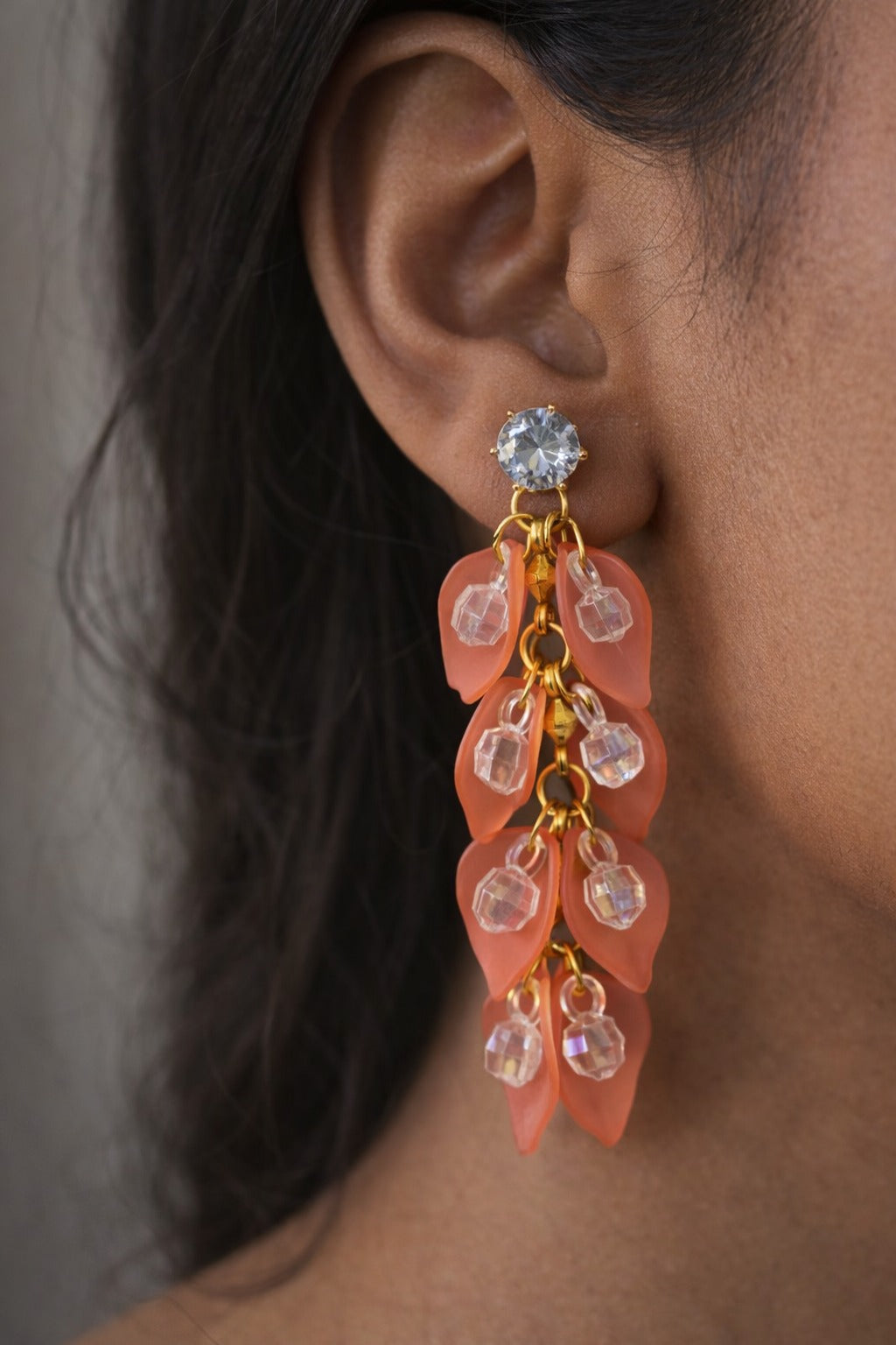 Peach Leaf Crystal Drop Statement Earrings