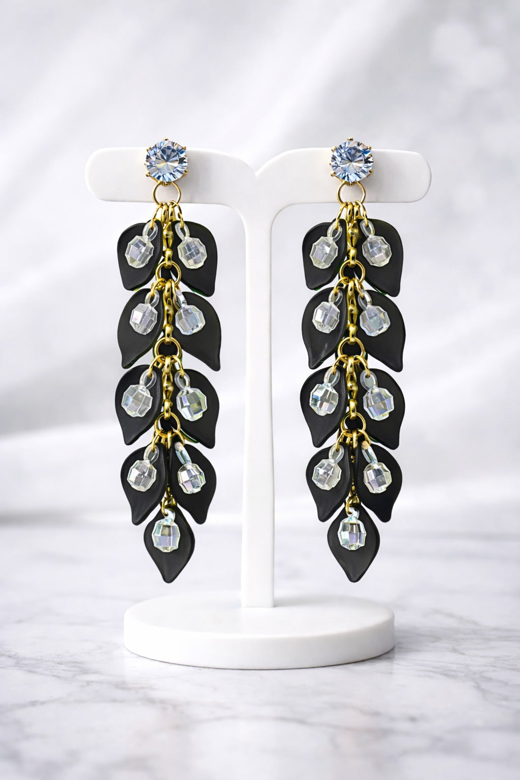 Black Leaf Crystal Cascade Statement Earrings