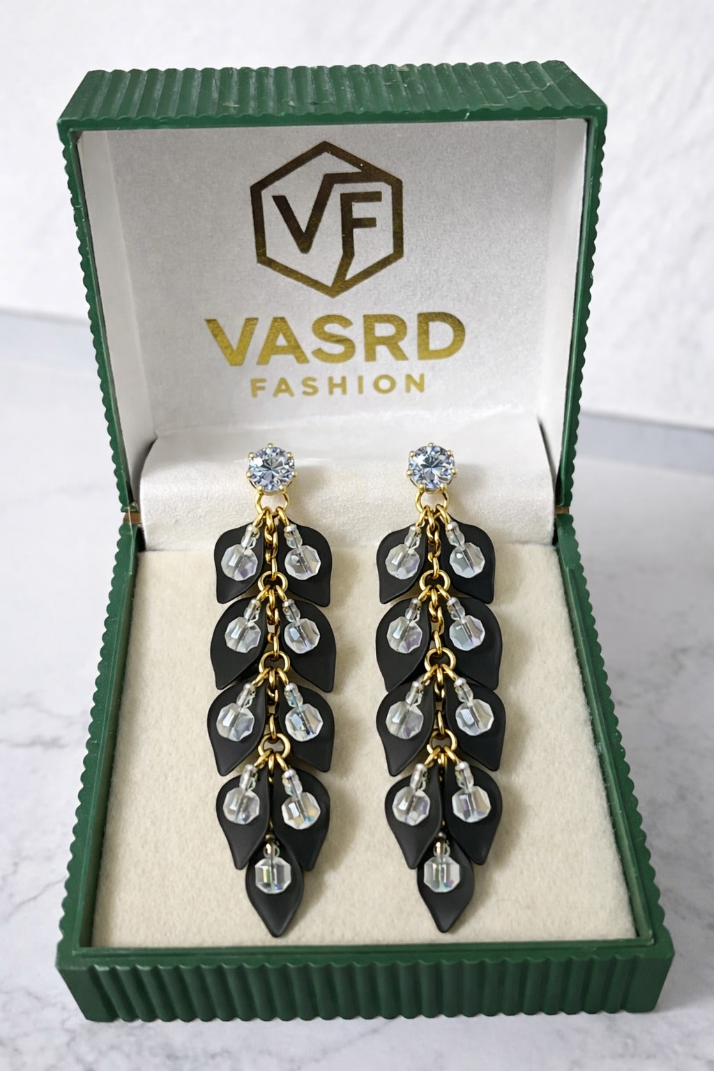 Black Leaf Crystal Cascade Statement Earrings