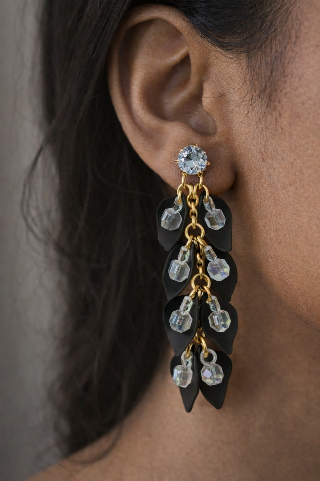 Black Leaf Crystal Cascade Statement Earrings