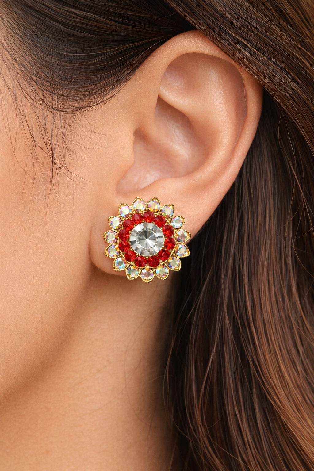 Scarlet Bloom Crystal Halo Stud Earrings