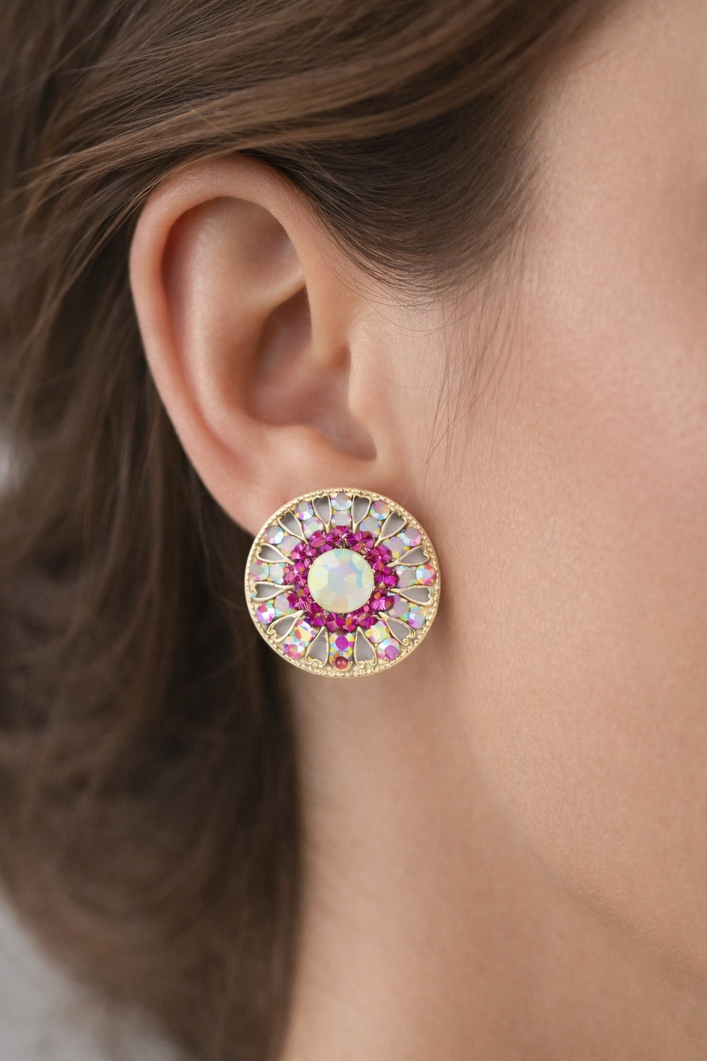 Royal Pink Aurora Crystal Statement Stud Earrings