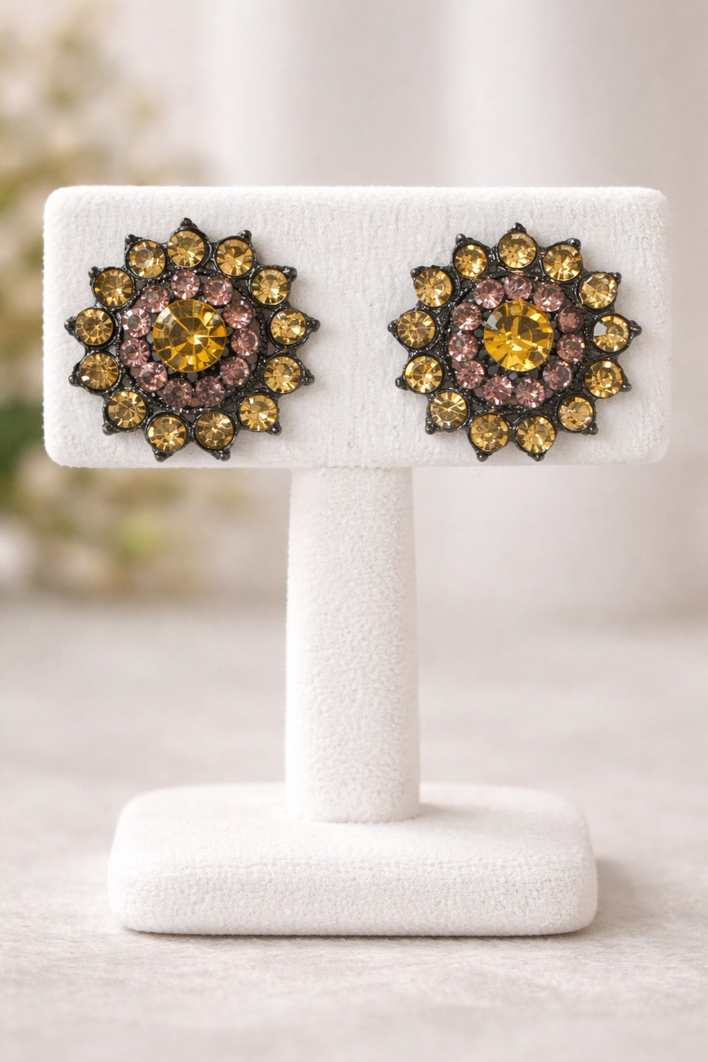Golden Blush Crystal Floral Stud Earrings