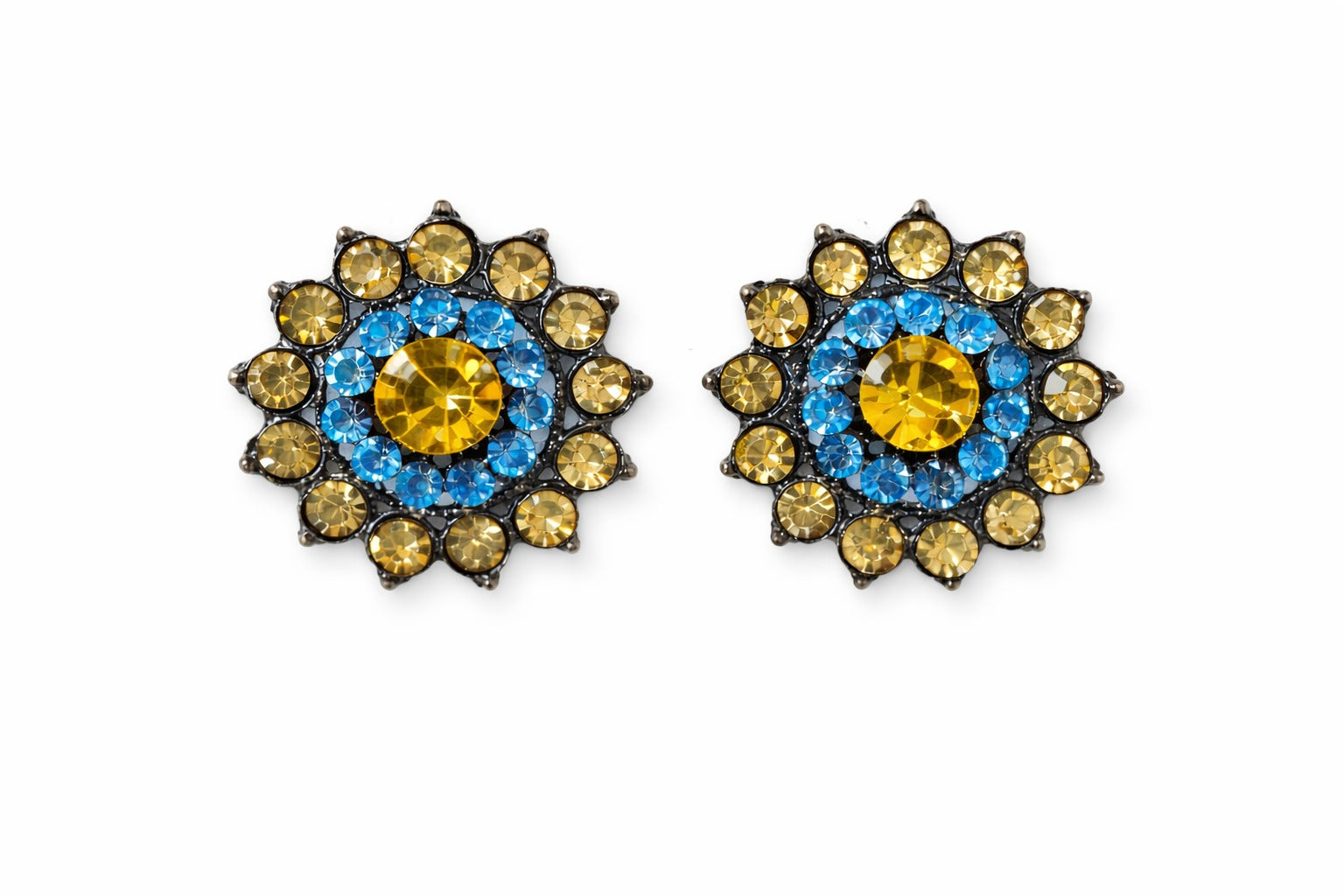 Royal Blue & Gold Crystal Floral Statement Stud Earrings