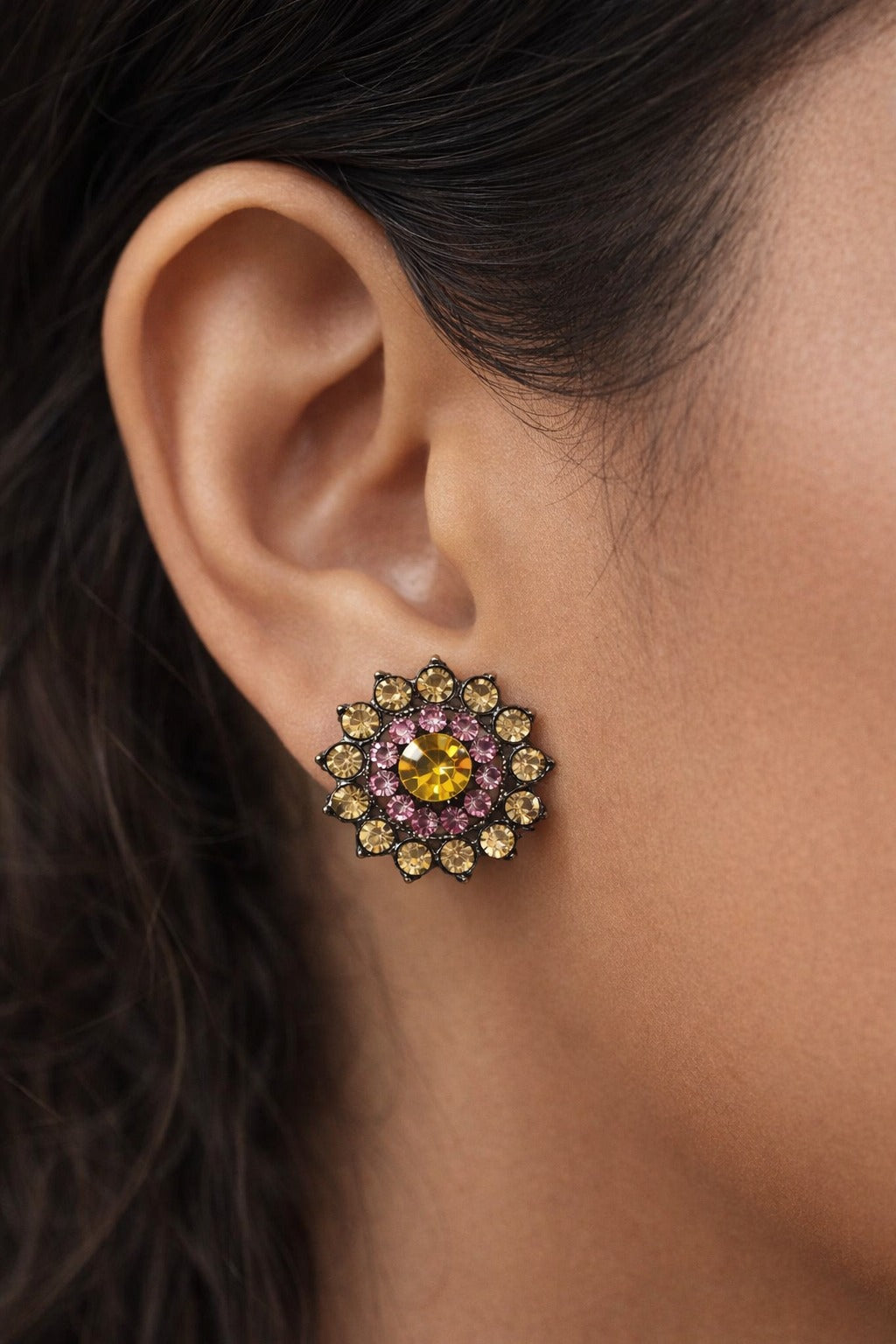 Golden Blush Crystal Floral Stud Earrings