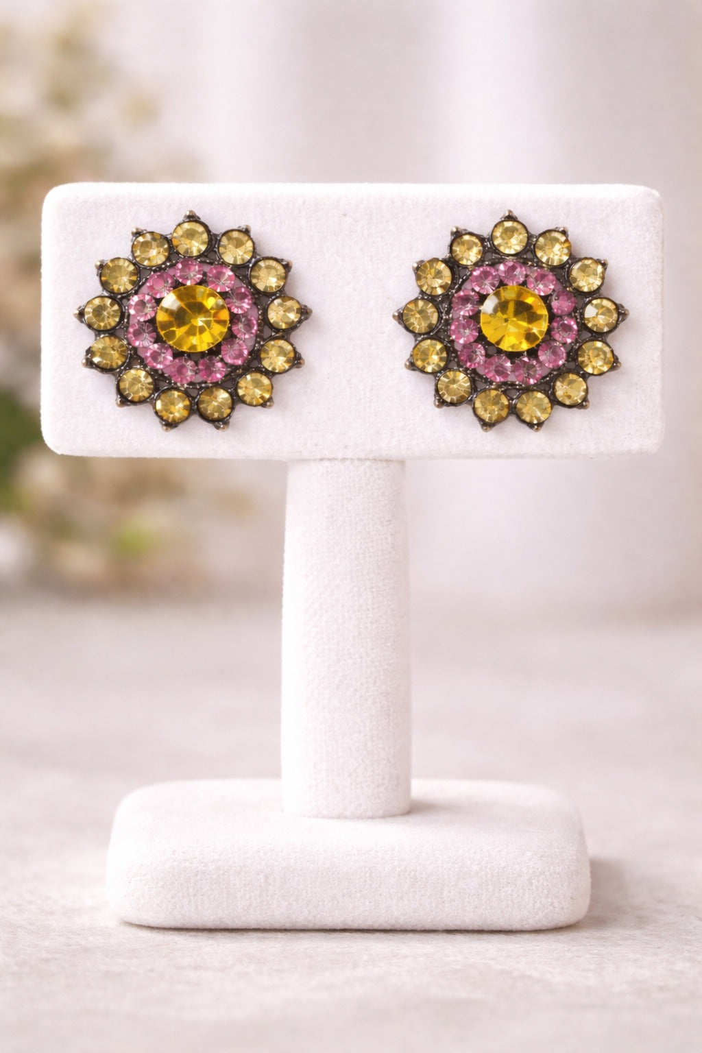 Golden Blush Crystal Floral Stud Earrings