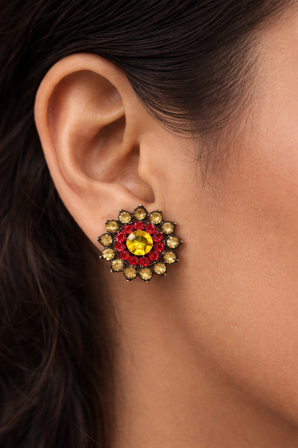 Royal Scarlet Sunburst Crystal Stud Earrings