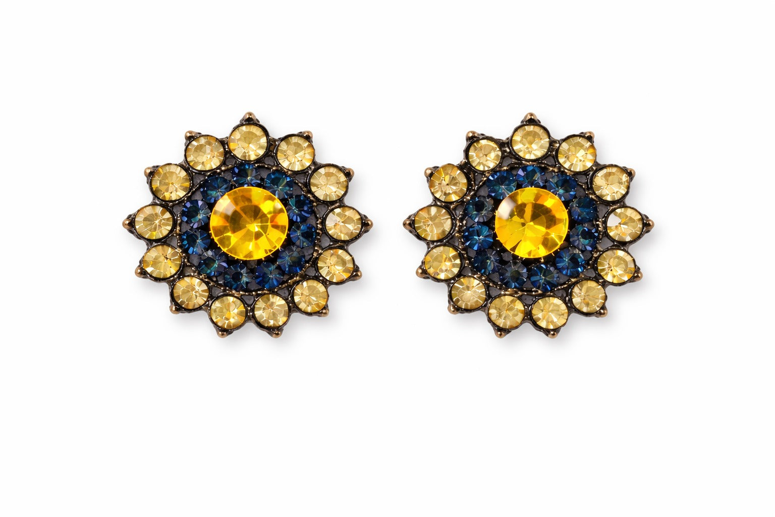 Golden Sunburst Blue Crystal Floral Stud Earrings