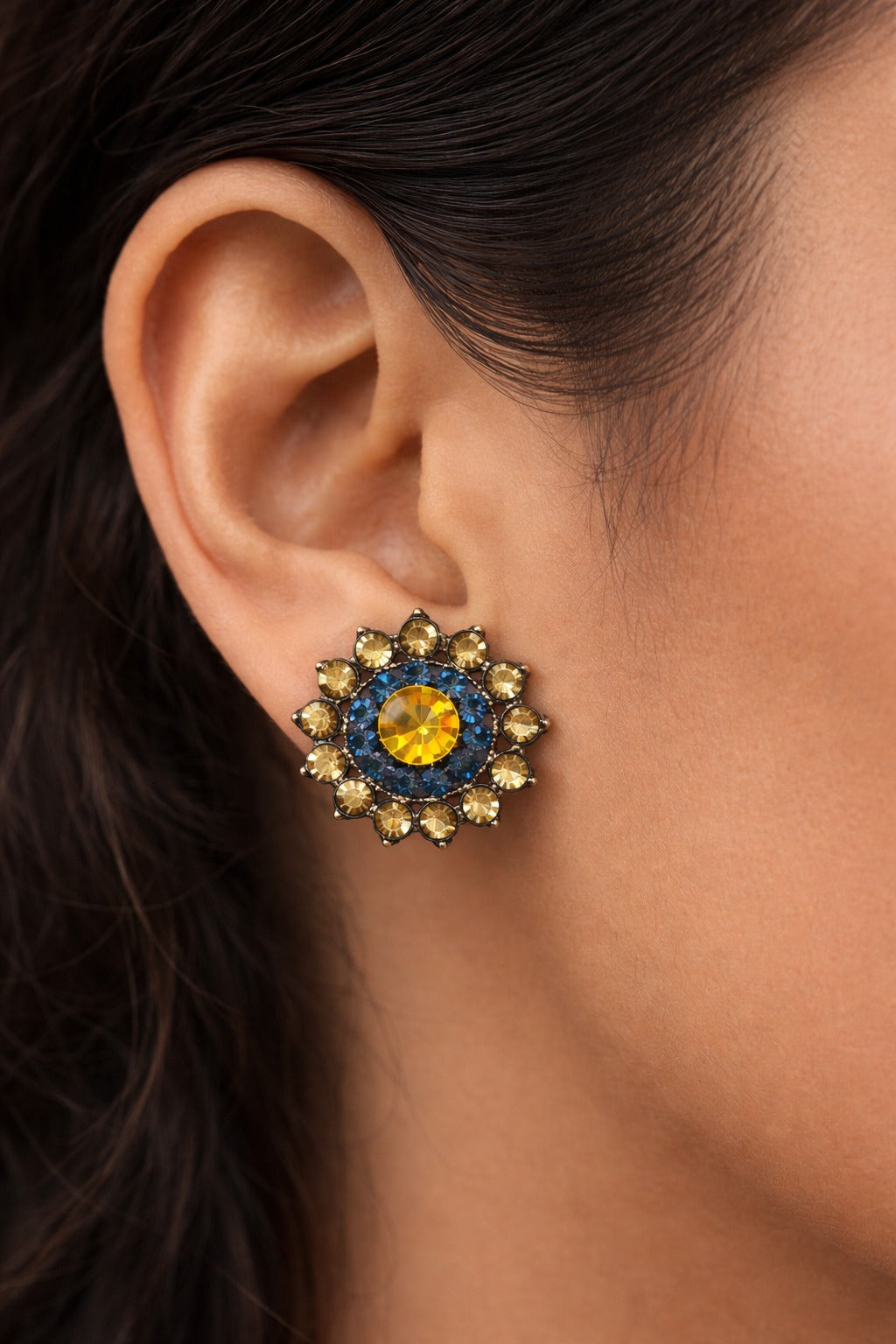 Golden Sunburst Blue Crystal Floral Stud Earrings