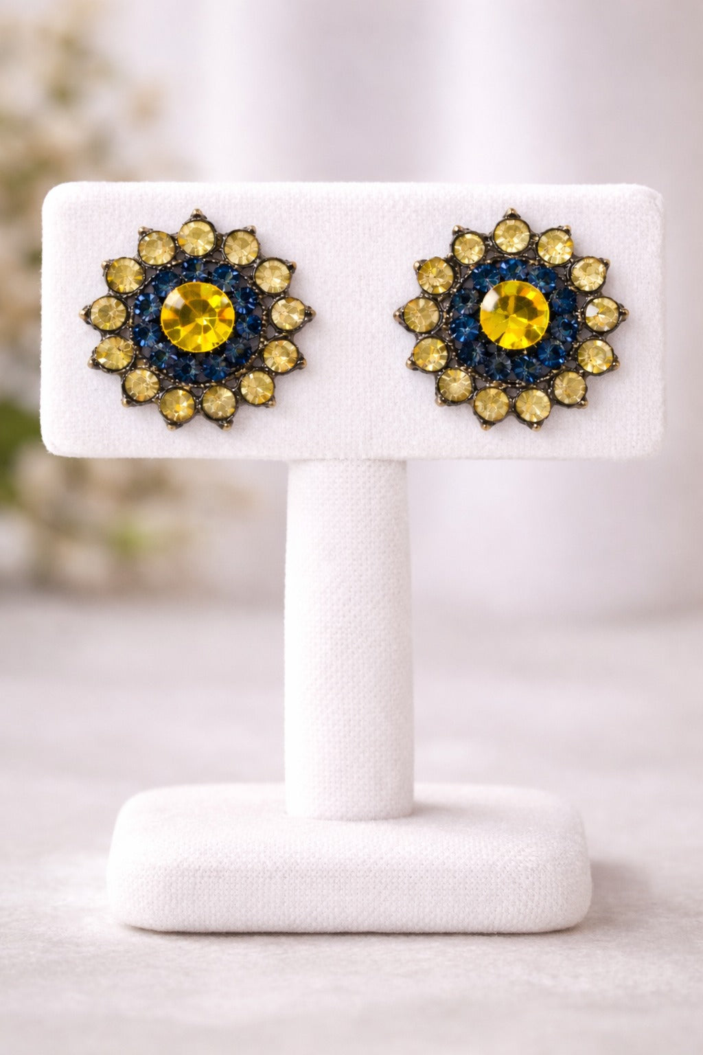 Golden Sunburst Blue Crystal Floral Stud Earrings