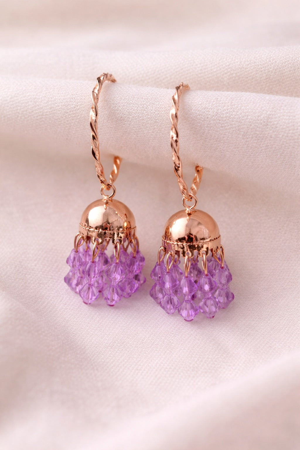 Rose Gold Lavender Crystal Jhumka Drop Earrings