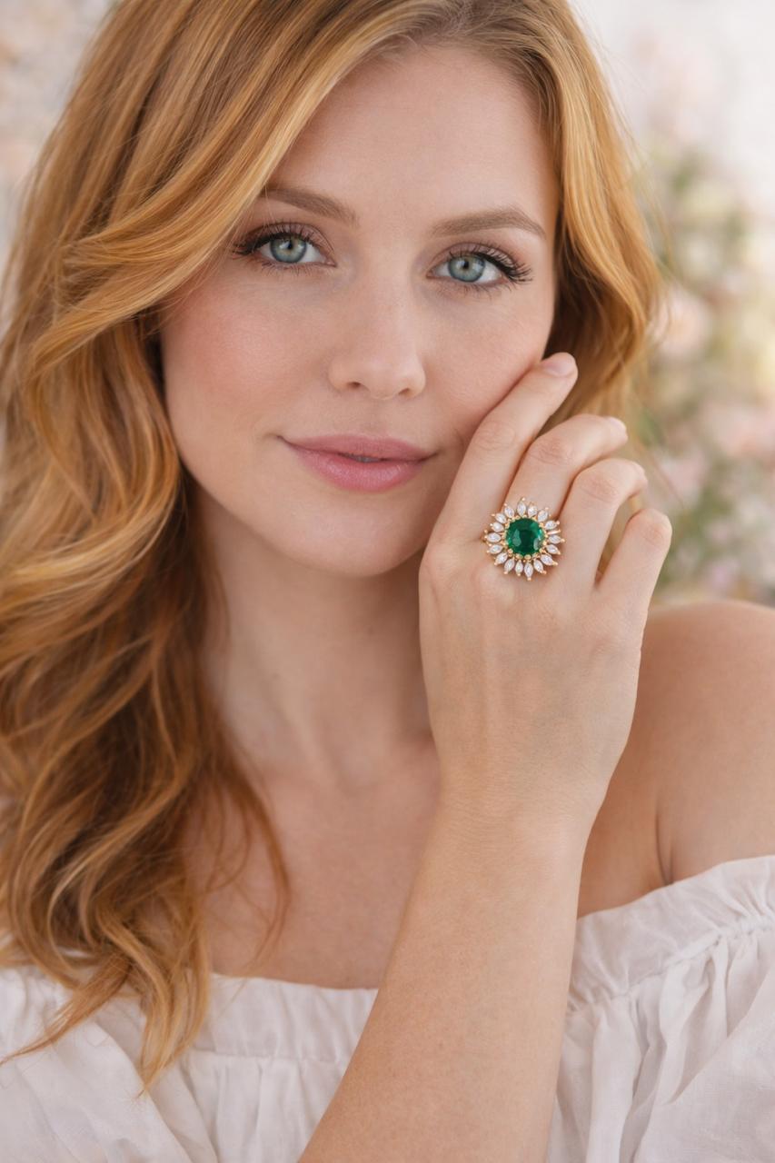 Emerald Sunburst Halo Ring