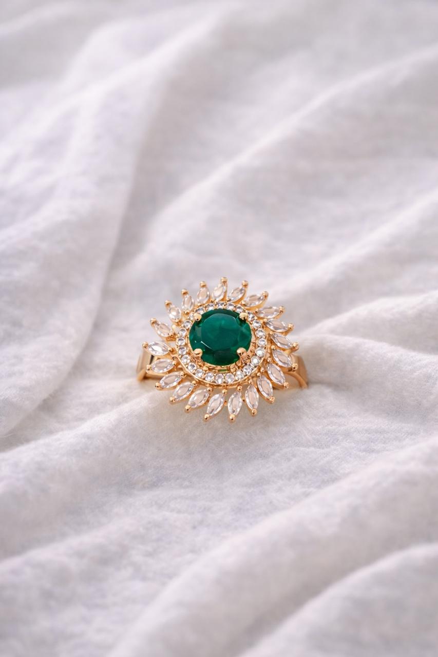 Emerald Sunburst Halo Ring