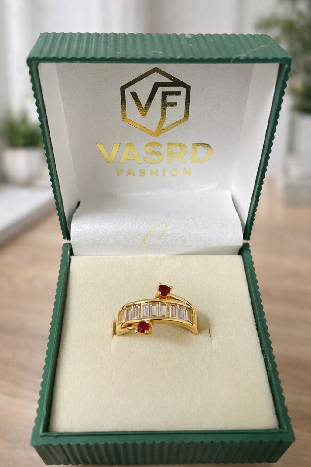 Ruby Accent Baguette Bar Designer Ring