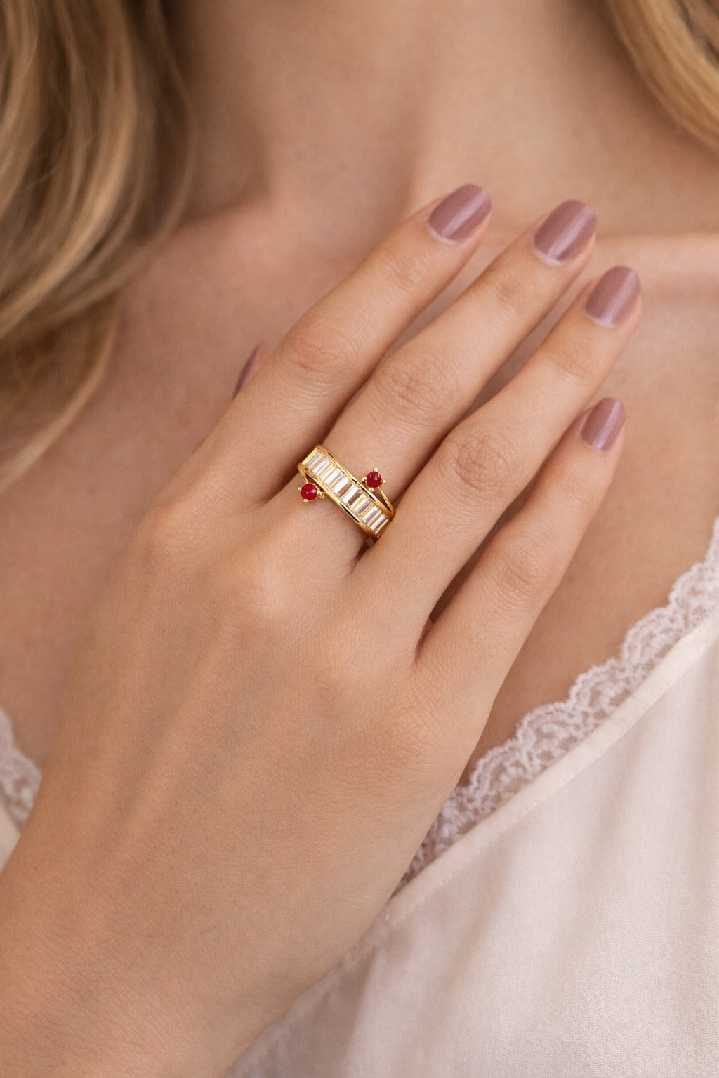 Ruby Accent Baguette Bar Designer Ring
