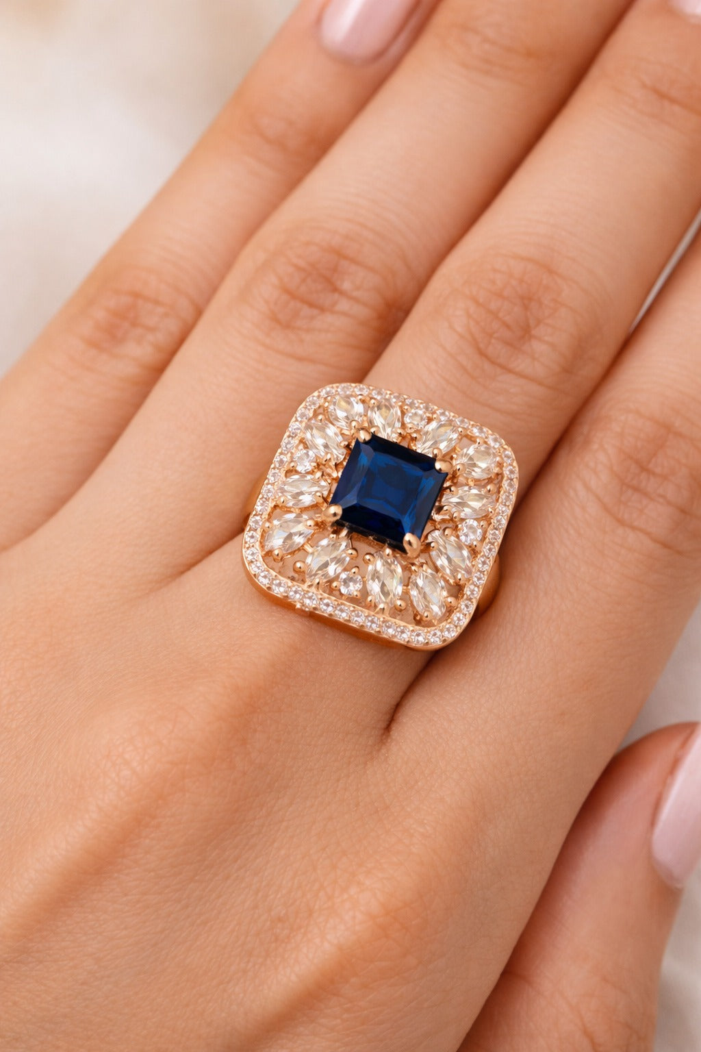 Royal Blue Sapphire Square Halo Statement Ring