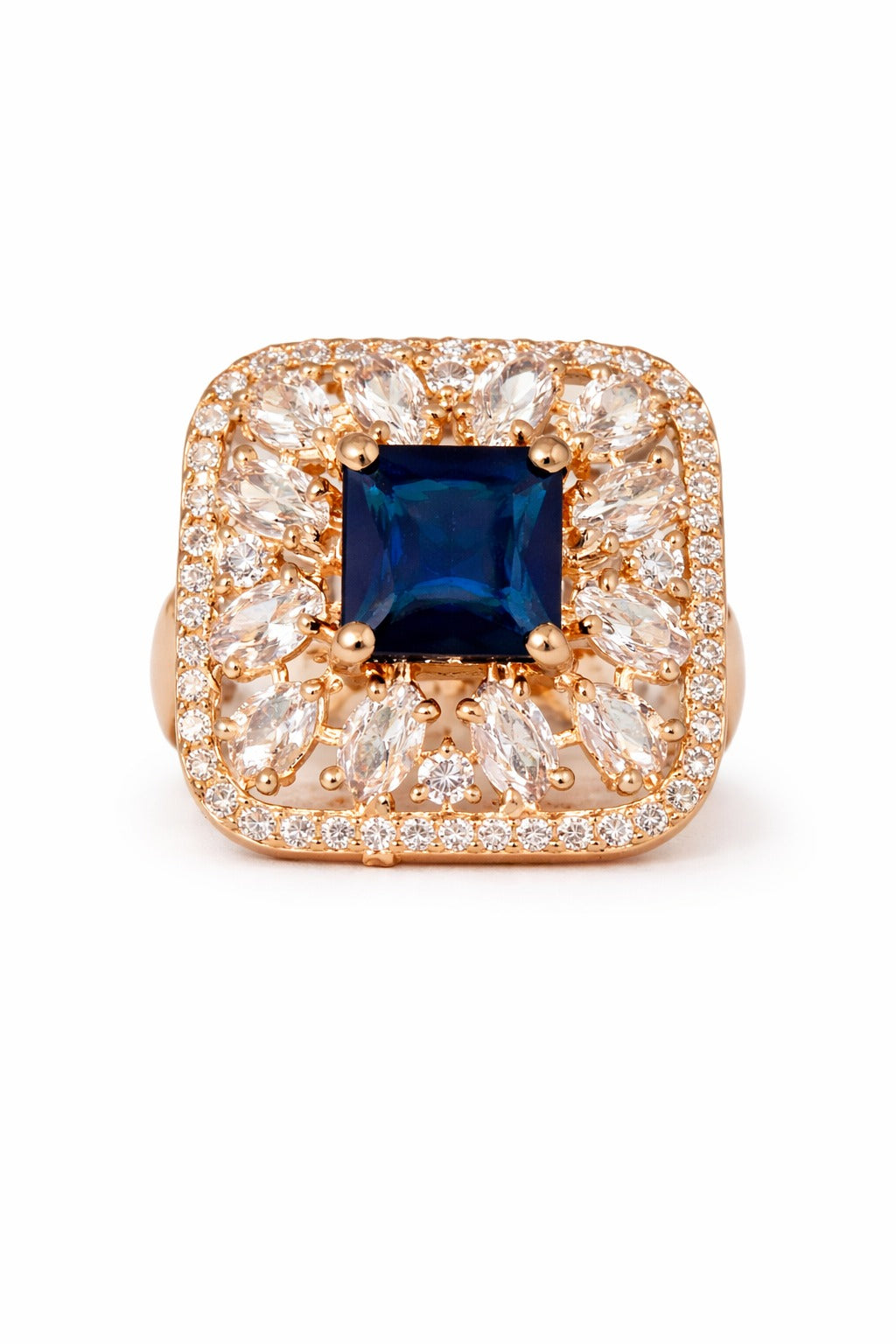 Royal Blue Sapphire Square Halo Statement Ring