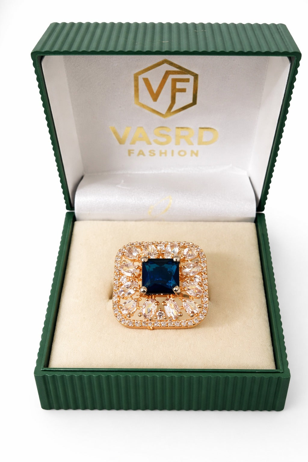 Royal Blue Sapphire Square Halo Statement Ring
