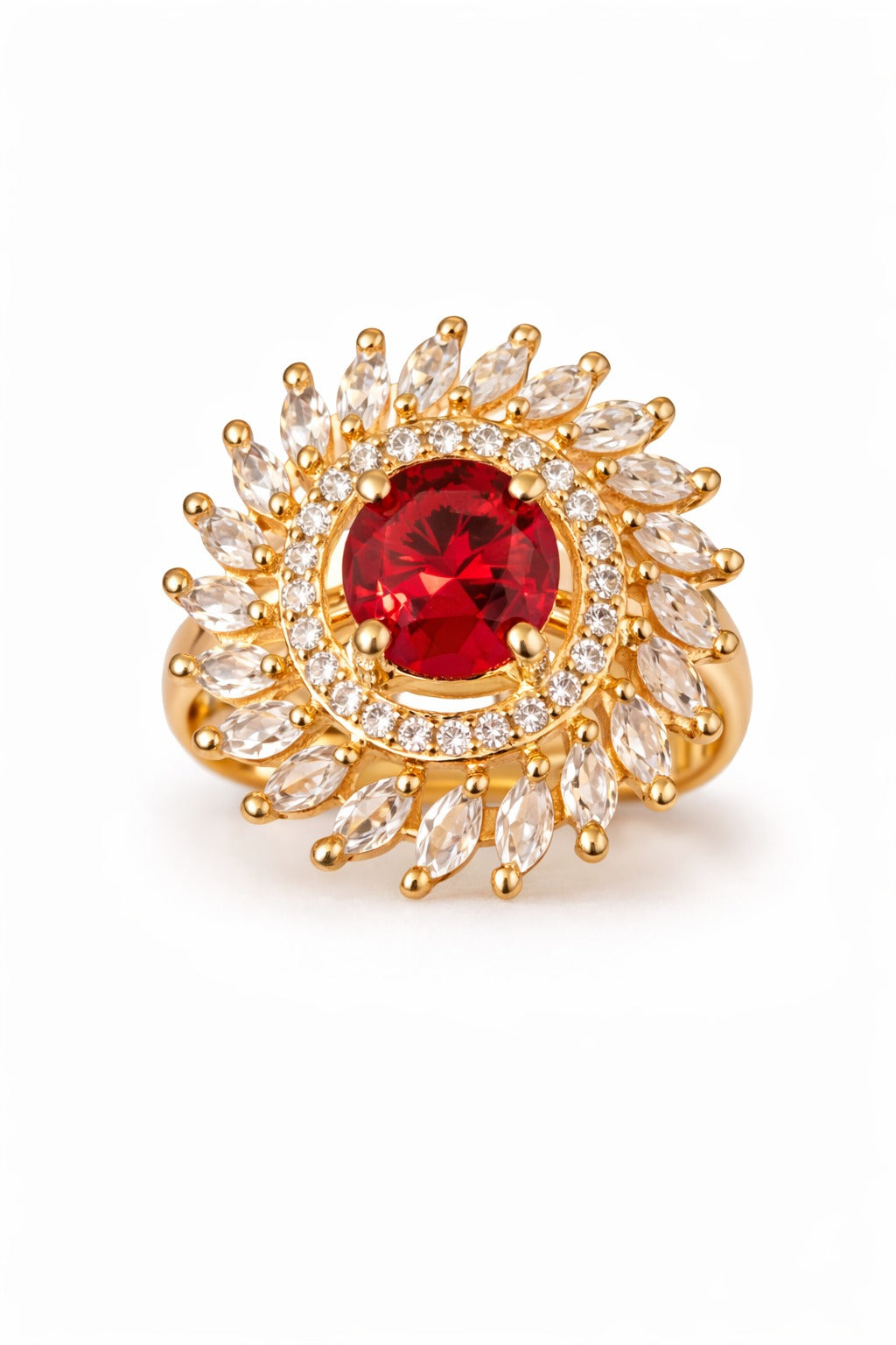 Royal Ruby Red Floral Halo Statement Ring