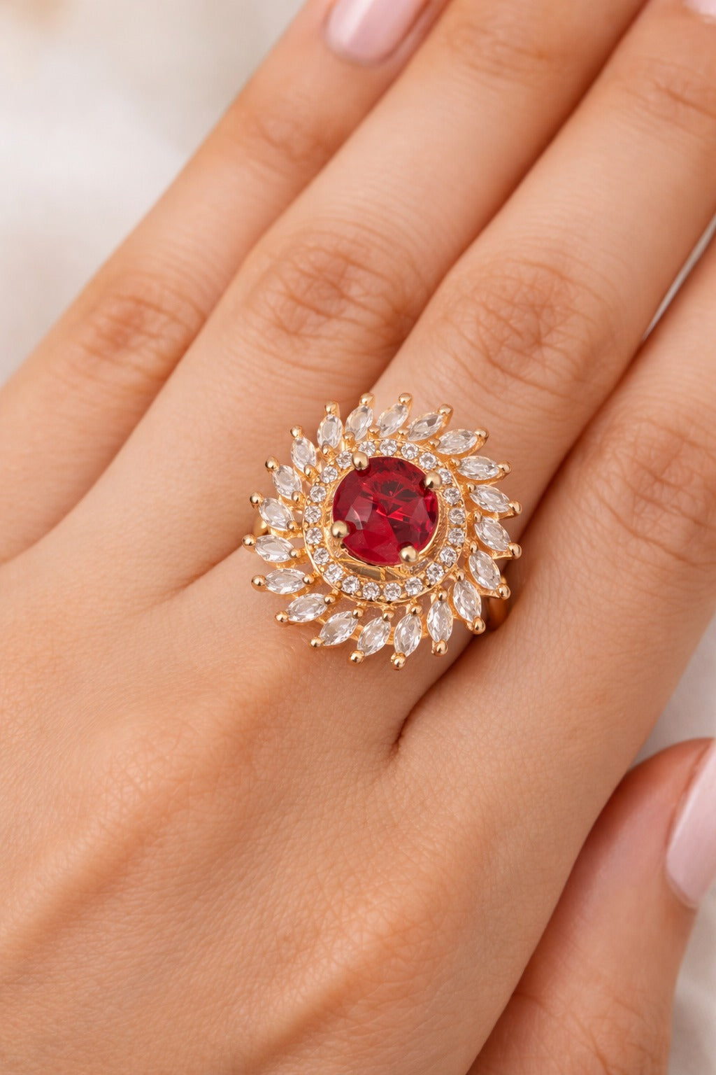 Royal Ruby Red Floral Halo Statement Ring