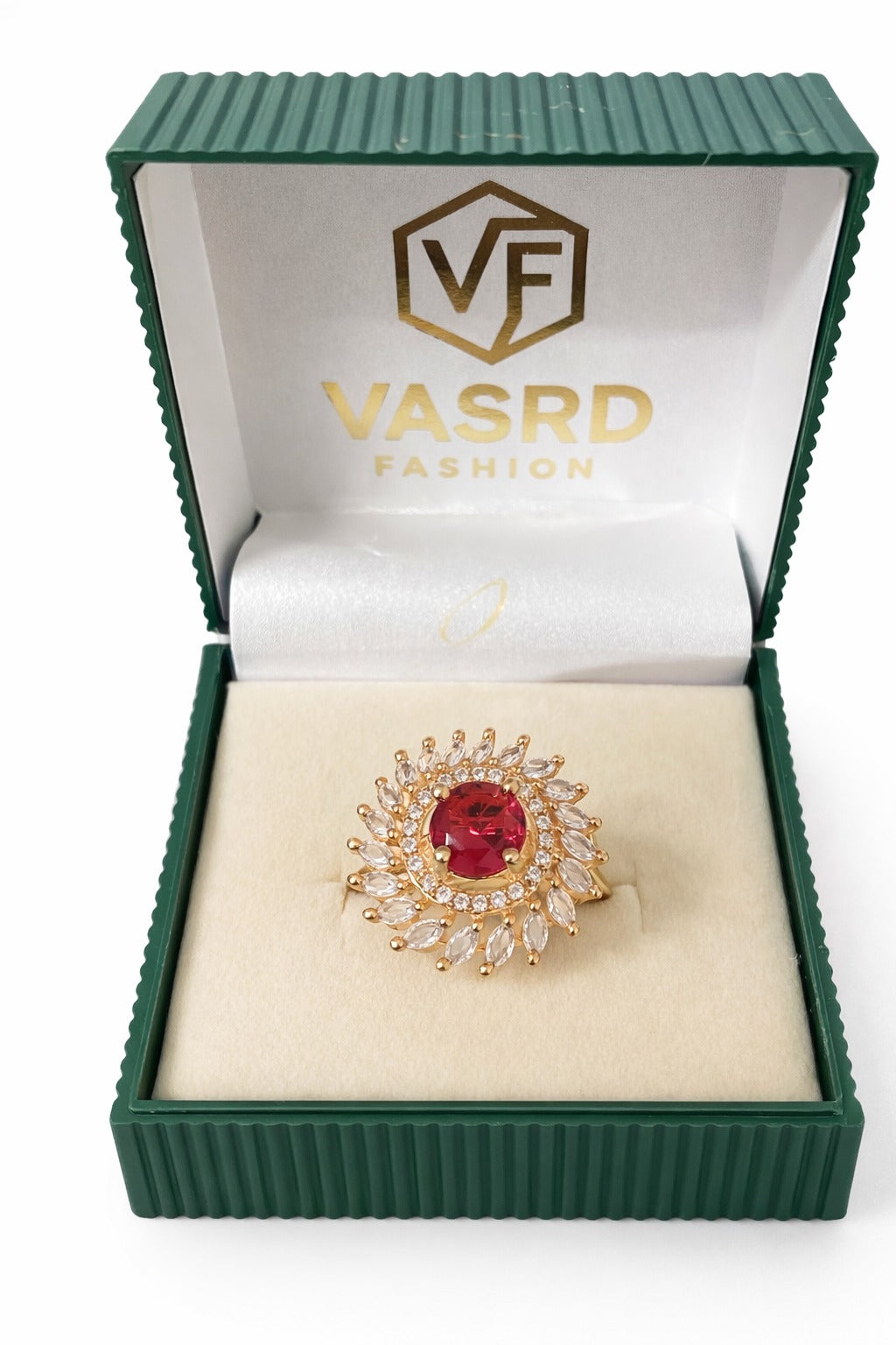 Royal Ruby Red Floral Halo Statement Ring