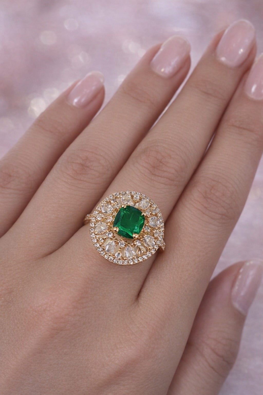 Royal Emerald Green Halo Statement Ring