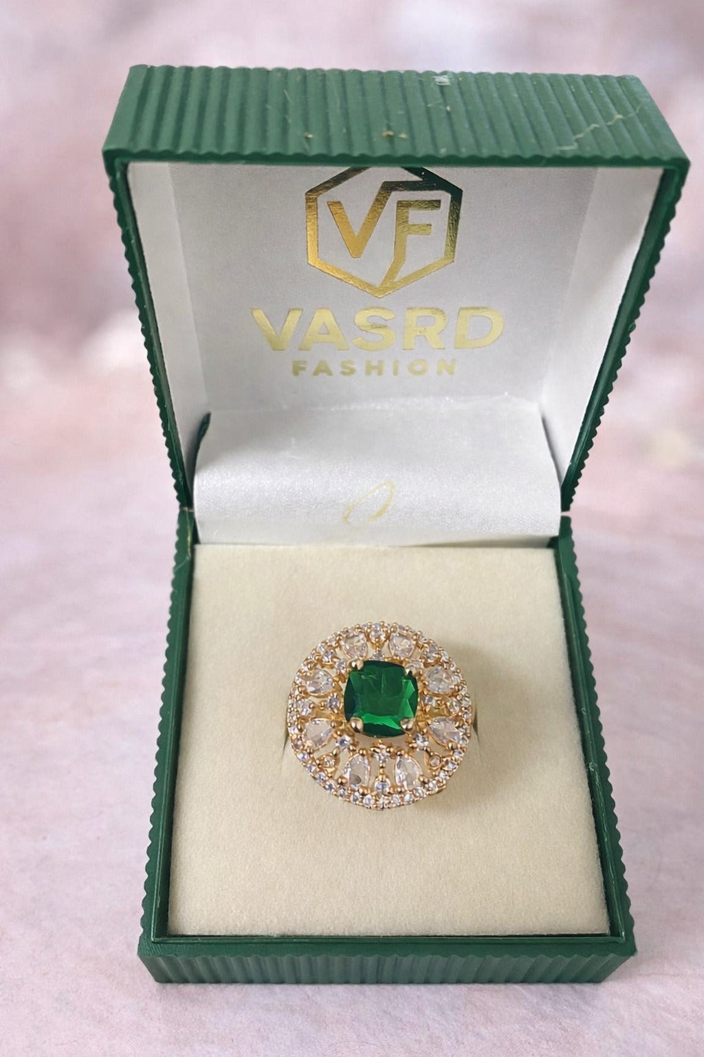 Royal Emerald Green Halo Statement Ring